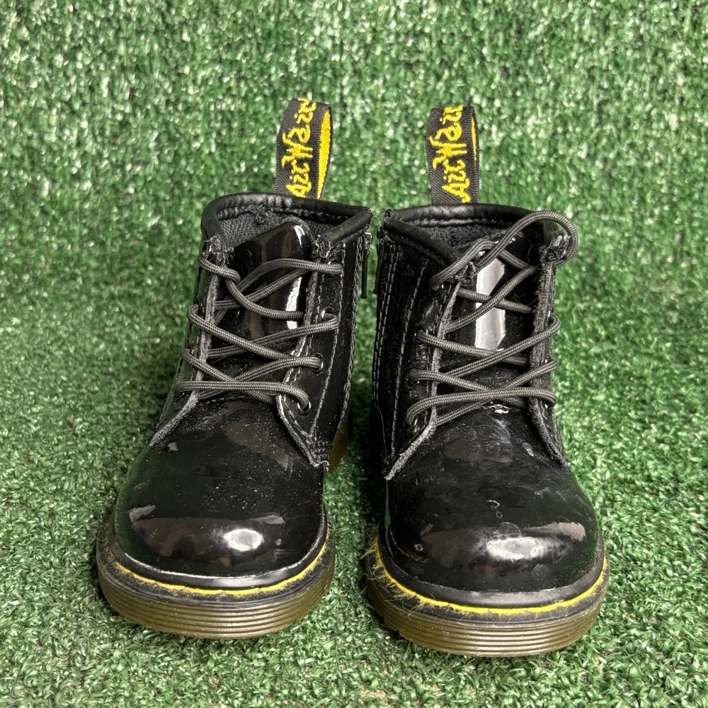 Dr. Martens Brooklee B Patent Leather Lace Up Side Zip Boots Black Toddler Sz 4